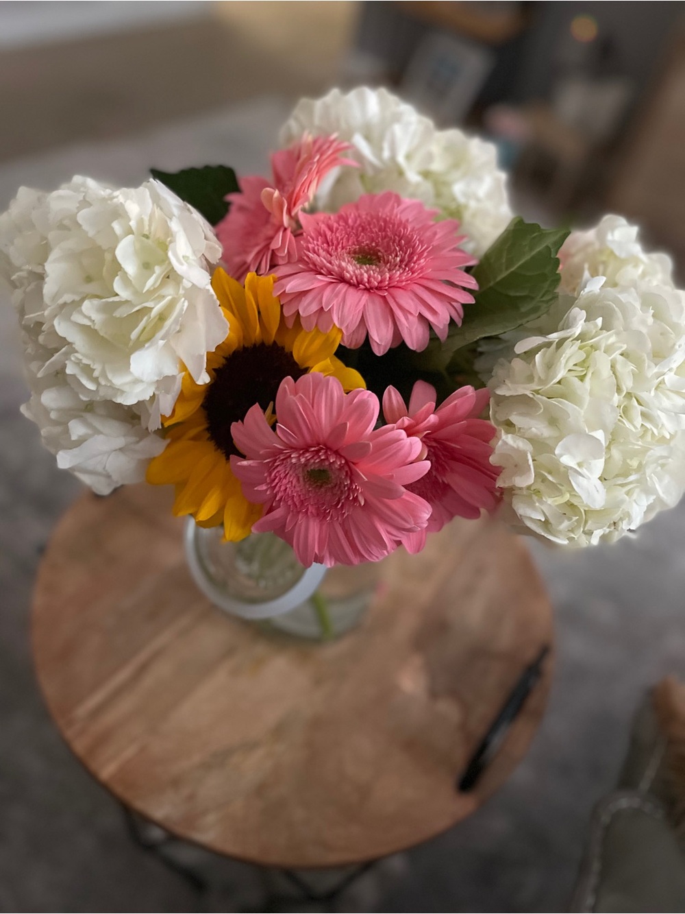 Pink Gerbera & White Hydrangea Bouquet with Yellow Sunflower - Home Accent
